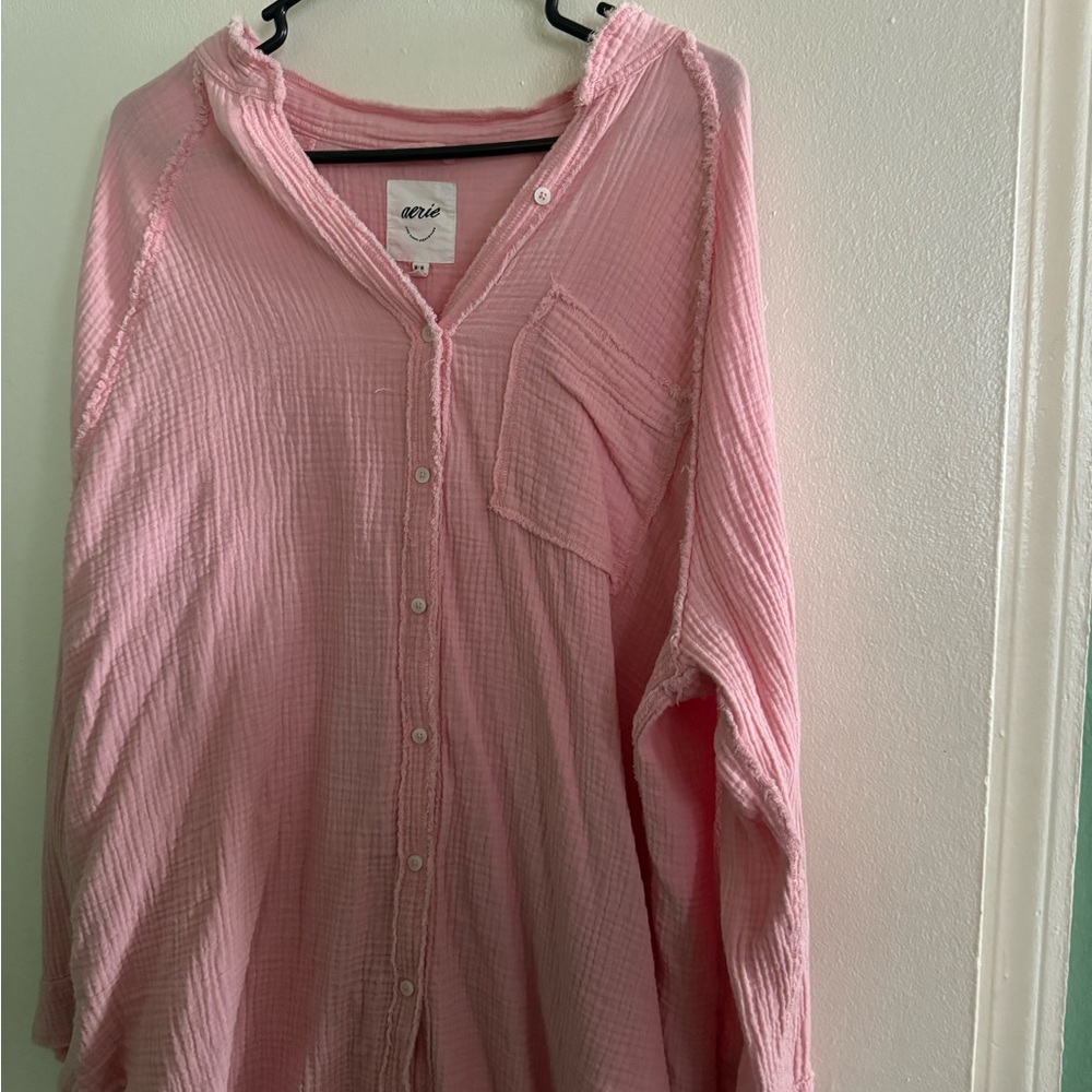 Aerie Light Pink Textured Button-Up Shirt